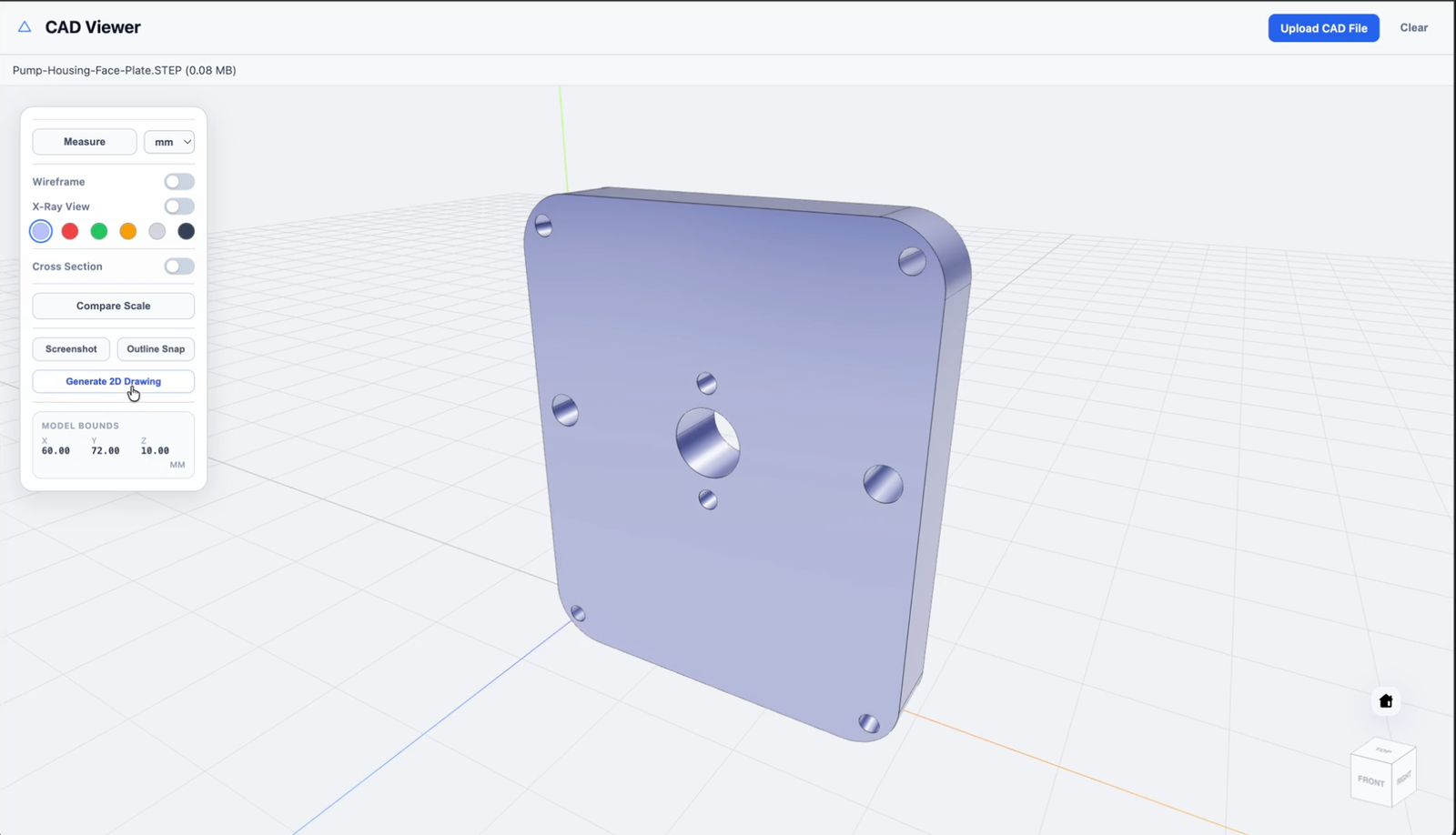 CAD Viewer's 3D viewer showing an uploaded Pump Housing Face Plate STEP file with the Generate 2D Drawing button highlighted in the side panel