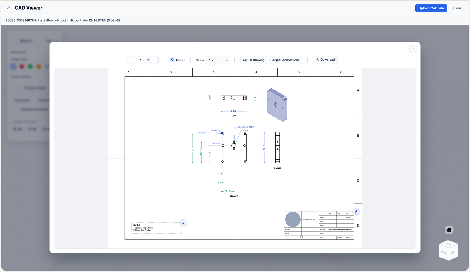 CAD Viewer's 2D drawing editor showing a fully dimensioned Front, Top, and Right orthographic drawing with an isometric reference view, notes, and title block